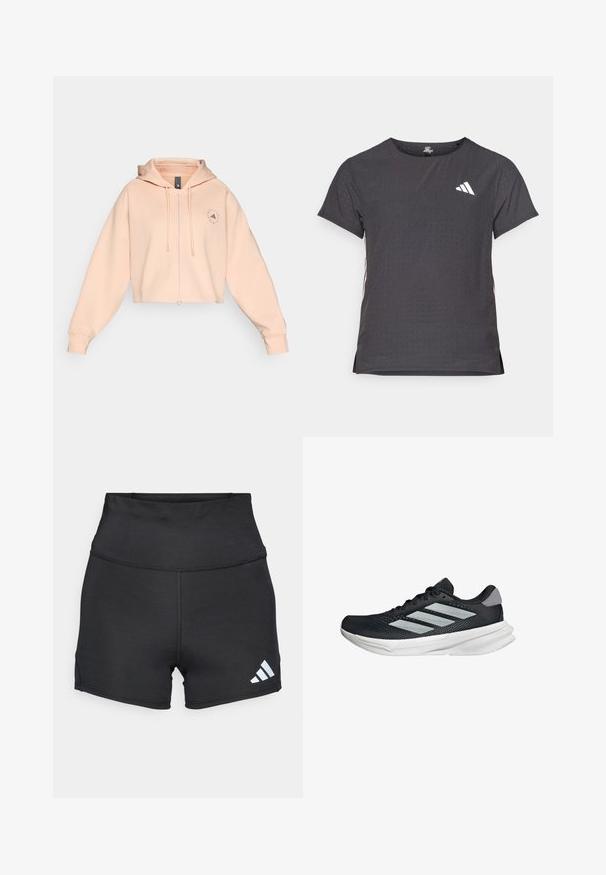 Hoodie pesca accorciato con zip frontale, cordini e un logo circolare sul lato sinistro del petto, caratterizzato da una texture morbida e un fit rilassato.; T-shirt atletico a maniche corte, grigio scuro con texture perforata. Presenta un logo bianco e strisce laterali a contrasto. Girocollo.; adidas Performance Leggings - black; Scarpa da corsa nera con tomaia in mesh, tre strisce argentate, intersuola bianca e suola testurizzata. Presenta un colletto imbottito e chiusura con lacci.