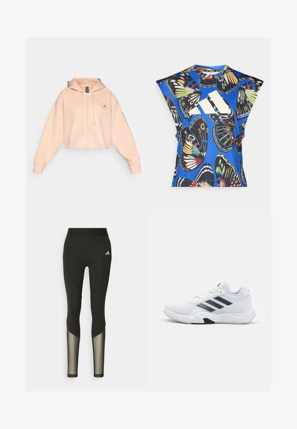Lühike virsiku värvi kapuutsiga sviiter, millel on esine tõmblukk, nöörid ja ringikujuline logo vasakul rinnal, pehme tekstuuri ja lõdva istumisega.; Sinine lühikeste varrukatega särk, millel on erksavärviline liblikakujundus, esiosas suur valge logo ning ümardatud kaelus.; Mustad mustreeriga mustad sportlikud retuusid kõrge vöökohtadega, millel on võrgusilma aksessuaarid alumistes jalgades ja brodeeritud logo puusal.; Valge spordijalats, millel on võrkpealne, kolm musta triipu küljepeal, tekstuuriga aktsendid ning tugev kummist tallaosa, millel on kontrastne must osa.