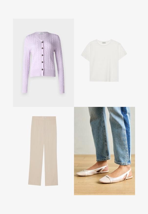 pure cashmere CLASSIC CABLE CARDIGAN - Kardiganas - lavender; Balta trumpa rankovė T-marškiniai, pagaminti iš minkštos medvilnės. Charakterizuojami apvali kaklo iškirpte ir laisvu siluetu. Švarus dizainas be matomų raštų ar akcentų.; Smėliniai plačiosios kojos kelnių su lygiu paviršiumi, pasižyminčios pritaikytu siluetu, dviem priekinėmis kišenėmis ir subtiliu raukšlės akcentu palei kojas.; Šviesiai rožiniai slingback baleto bateliai su smailiu pirštu, pagaminti iš lygios odai panašios medžiagos. Yra išpjovimų detalės šonuose ir plokščias kulnas.
