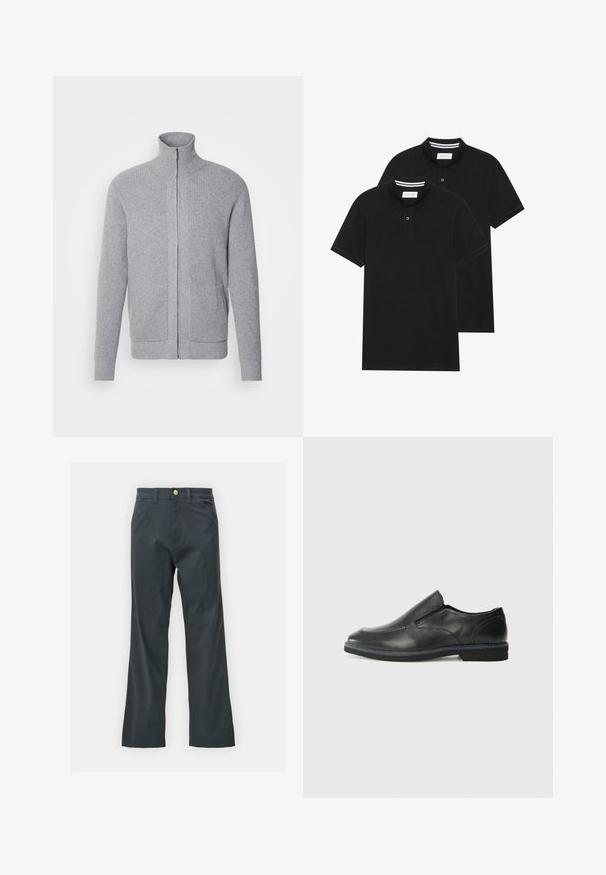 INDICODE JEANS Kardigan - grey mix; Dvě černé polokošile s krátkým rukávem z bavlny, s klasickým límcem, dvouknoflíkovou légou a bílými pruhovanými akcenty uvnitř límce.; Černé kalhoty s rovnými nohavicemi, vyrobené z bavlněné směsi. Mají kovové zapínání a boční kapsy. Bez viditelných vzorů.; Černá kožená nazouvací bota s hladkým svrškem, prošívanými detaily, zaoblenou špičkou a nízkým gumovým podpatkem. Podešev má minimální vzorek.