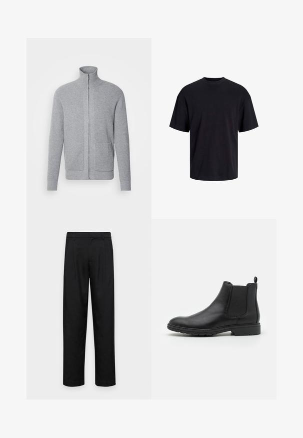 INDICODE JEANS Cardigan - grey mix; Black cotton t-shirt with a crew neckline, short sleeves, and a relaxed fit. Smooth texture and no visible patterns or accents.; Black trousers made of smooth fabric, featuring a straight-leg design, two front pleats, and standard waistband with belt loops.; Black leather Chelsea boot with elastic side panels and a pull tab, featuring a rounded toe and textured rubber sole.