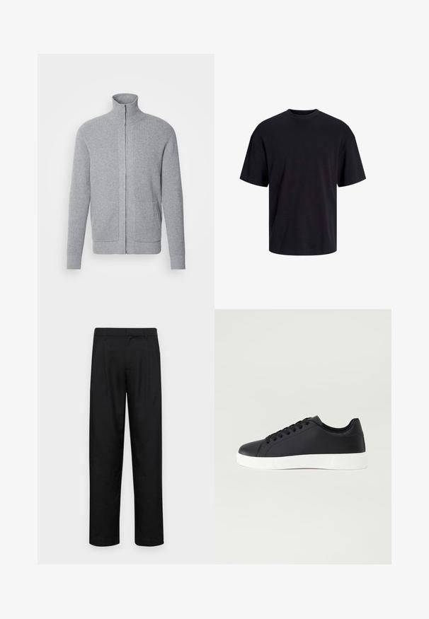 INDICODE JEANS Strickjacke - grey mix; Schwarzes Baumwoll-T-Shirt mit Rundhalsausschnitt, kurzen Ärmeln und lässiger Passform. Glatte Oberflächenstruktur und keine sichtbaren Muster oder Akzente.; Schwarze Hose aus glattem Stoff, mit geradem Bein Design, zwei vorderen Falten und einem Standardbund mit Gürtelschlaufen.; Pier One UNISEX - Sneaker low - black
