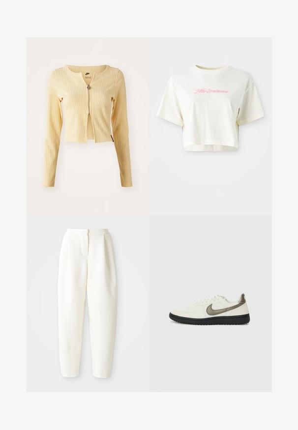 Gulstripet langermet topp med glidelås foran, kort design, rund hals og subtil tekstur. Merketikett synlig inni halsen.; Beskåret kremfarget t-skjorte laget av bomull. Har en rosa brodert logo med teksten "Nike Sportswear." Korte ermer og rund hals.; Høytlivede, smale hvite bukser med skjult frontlukking og sidelommer, vist mot en ensfarget hvit bakgrunn.; Nike Sportswear FIELD GENERAL - Joggesko - off-white/black