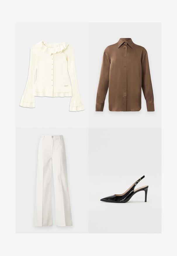 Biely rebrovaný top s volánovým výstrihom, dlhými rozšírenými rukávmi a dekoratívnymi gombíkmi na prednej strane; obsahuje jemný detail loga na leme.; Hnedá košeľa s dlhým rukávom, so zapínaním na gombíky, s špicatým golierom a manžetami, vystavená na jednoduchom bielom pozadí.; Biele široké nohavice vyrobené z bavlny s hladkou textúrou. Obsahujú predný gombík, zips a dizajn so štyrmi vreckami.; Čierne lakované kožené slingback lodičky s špicatou špičkou, štíhlým podpätkom a jemným výrezom. Obsahuje zlatú pracku na remienku.