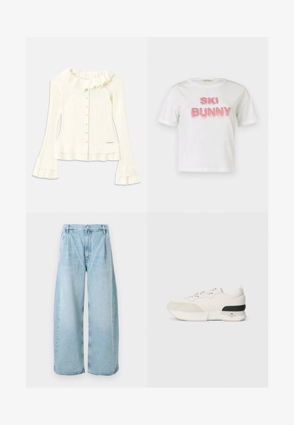 Bela rebrasta bluza z nabranim ovratnikom, dolgimi raširjenimi rokavi in dekorativnimi gumbi spredaj; vsebuje subtilen logotip na robu.; Bela bombažna majica s kratkimi rokavi in okroglim ovratnikom, na kateri je napis "SKI BUNNY" iz dvignjenih rožnatih umetnih krznenih črk.; Svijetloplave široke traperice s plitkim nabranim detaljima sprijeda, zatvaranjem na dugme i ravnim rubovima, s izblijedjelom teksturom po cijeloj površini.; Bela športna obutev z teksturiranim nubukom na vrhu prstov, gladkim mrežastim zgornjim delom, okrasnimi vezalkami in črnim gumijastim poudarkom na peti.