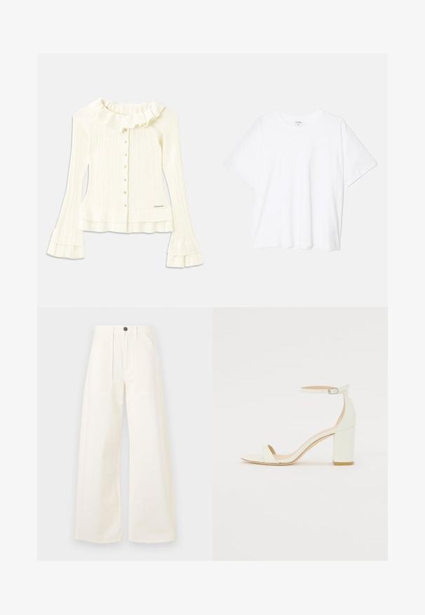 Fehér bordás blúz fodros nyakkal, hosszú, harangujjú ujjakkal és díszgombokkal az elején; a szegélyén diszkrét logórészlet található.; Fehér pamut póló rövid ujjal, kerek nyakkivágással, laza fazonnal és varrott szegéllyel. Címke látható a belső nyakrészén.; Bőszárú nadrág világosbézs pamut anyagból, magas derékkal, két elülső zsebbels és egyetlen elülső gombos záródással.; Fehér bőrsarkú szandál bokaankarral és csattal, minimális dizájnnal. Nyitott orrú és sima textúrákkal az egész felületen.