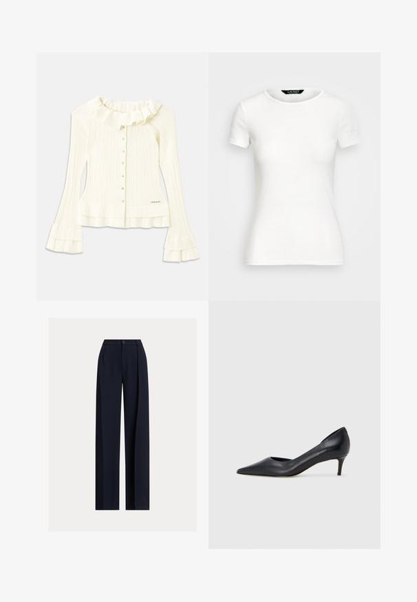 White ribbed blouse with a ruffled neckline, long flared sleeves, and decorative buttons down the front; features a subtle logo detail at the hem.; White cotton T-shirt with short sleeves, round neck, fitted design, and smooth texture. Logo tag at neckline.; Navy wide-leg trousers made from smooth fabric. Features a central pleat, waistband with belt loops, and a single button closure.; Black leather pump with a pointed toe and low heel. Features a smooth texture and subtle sheen. Open cut at the front for added detail.