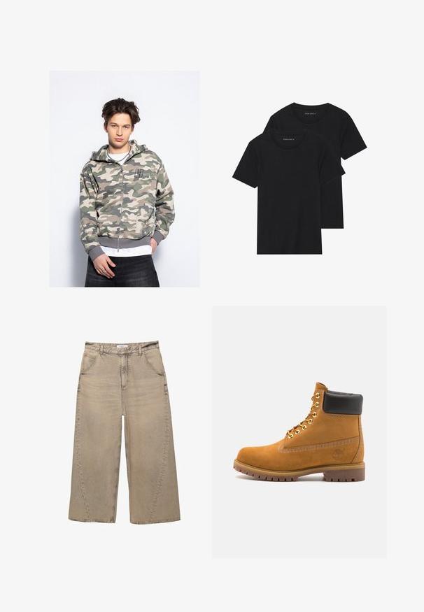Hoodie z zamkiem w kamuflażu w odcieniach zieleni i beżu, z kieszenią z przodu, ściągaczami przy mankietach i logo na klatce piersiowej. Miękka tekstura materiału.; Dwie czarne bawełniane koszulki z krótkimi rękawami, okrągłymi dekoltami i gładką fakturą, wyeksponowane ułożone jedna na drugiej.; PULL&BEAR - Jeansy baggy; Beżowe zamszowe botki sięgające kostki z czarną wyściełaną krawędzią, złotymi oczkami, białymi detalami szycia oraz wytrzymałą gumową podeszwą z wyraźnym bieżnikiem.
