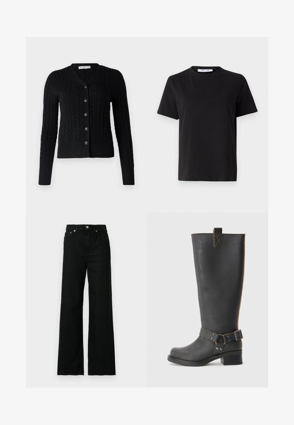 pure cashmere CLASSIC CABLE CARDIGAN - Kardigan - black; Černé tričko s krátkým rukávem vyrobené z měkké bavlny, s kulatým výstřihem, volným střihem a hladkým povrchem. Žádné viditelné vzory ani grafika.; Černé džíny z denimu s vysokým pasem, širokými nohavicemi, předním zapínáním na knoflík a zip, a klasickým designem pěti kapes.; Černé kožené vysoké boty po kolena s texturovaným povrchem, které mají boční kovovou sponu a nízký podpatek. Podrobné šití podél švů.