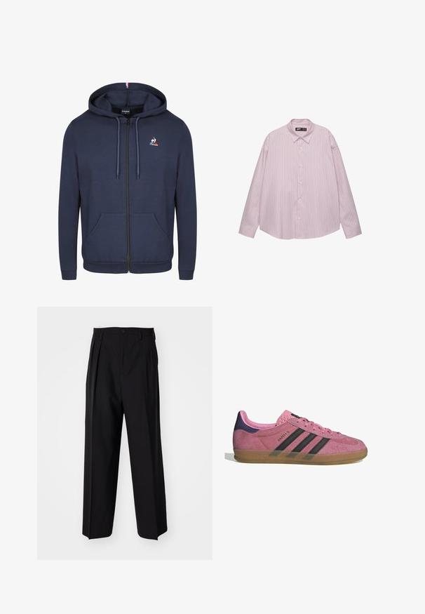 Felpa con zip di colore blu navy, realizzata in morbido cotone. Presenta una chiusura frontale con zip, due tasche e un piccolo logo sul petto.; Camicia button-up rosa chiaro con strisce blu verticali, colletto, maniche lunghe e vestibilità ampia. Realizzata in un tessuto morbido con una leggera lucentezza.; Pantaloni neri a pieghe con un design dritto e gamba larga. Realizzati in tessuto morbido, con chiusura a bottone e passanti per cintura.; Sneaker in suede rosa con strisce nere, suola in gomma e tallone texturizzato viola. Presenta un design con lacci e un marchio in rilievo sul lato.