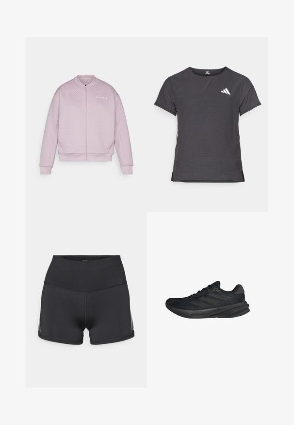 Chaqueta bomber acolchada en rosa claro, con un diseño texturizado y acolchado, cierre de cremallera en el frente, puños acanalados y un logo sutil en el lado izquierdo del pecho.; Camiseta atlética de manga corta, gris oscuro con textura perforada. Presenta un logo blanco y rayas laterales en contraste. Escote redondeado.; Pantalones cortos deportivos negros con una cinturilla alta, hechos de tela elástica. Presentan franjas laterales blancas y costuras planas para mayor comodidad.; Zapatillas deportivas negras con parte superior de malla, forma aerodinámica, suela plana y tres rayas diagonales en el costado. Diseño ligero para mayor comodidad.