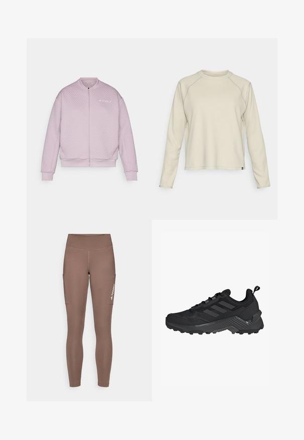 Gevoerde bomberjack in lichtroze, met een gestructureerd, gewatteerd ontwerp, ritssluiting aan de voorkant, geribde manchetten en een subtiel logo op de linkerborst.; Lichtbeige lange mouw top met een textuur, ribbel ontwerp. Heeft raglanmouwen en een ronde halslijn. Subtiele merklogo aan de zoom.; Bruine sportleggings met een hoge tailleband, voorzien van zijzakken en een wit logo. Gladde, rekbare stof voor comfort en bewegingsvrijheid.; Zwarte sportieve schoen met een bovenwerk van mesh, drie-strepen ontwerp, gevormde hak en robuuste buitenzool met opvallende gripnoppen.