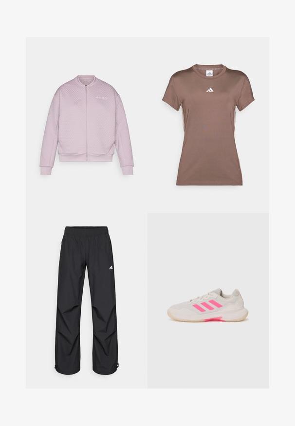 Pūkuotas bomber tipo švarkas šviesiai rožinės spalvos, su tekstūruotu, siūtu dizainu, užtrauktuku priekyje, guminėmis rankogaliais ir subtiliu logotipu kairėje krūtinės pusėje.; adidas Performance Sportiniai marškinėliai trumpomis rankovėmis - earth strata/white; Juodos, lengvos, vandeniui atsparios kelnės su elastine juosta, šoninėmis kišenėmis ir reguliuojamais kelių žandais. Kairiajame šlaunyje yra baltas logotipas.; Šviesiai pilki sportiniai batai su rožiniais akcentais ir trimis juostelėmis. Yra tinklinis viršus, paminkštinta liežuvėlis ir guminis padas su sukibimu.