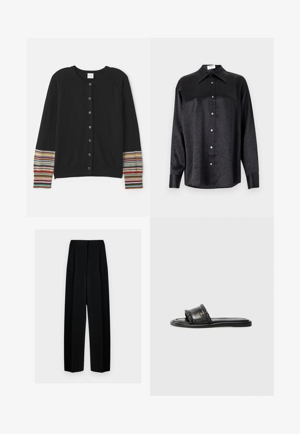 Black cardigan with buttons down the front, featuring striped accents in various colors on the sleeves. Made from soft, textured fabric.; Black long-sleeve shirt with a collared neckline, featuring a crinkled texture, full button front, and cuffs. Made from a smooth fabric.; Black wide-leg trousers with a high waist, featuring pleats and a smooth texture. The fabric appears lightweight and drapes elegantly.; Black leather sandal with a woven strap detail, flat sole, and a sleek design. Smooth texture and minimalistic profile.