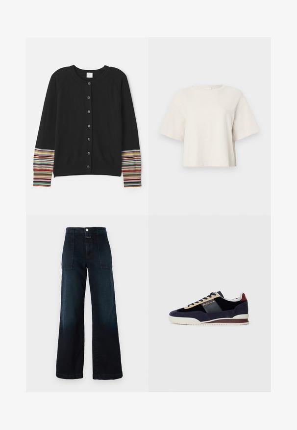 Cardigan noir avec des boutons sur le devant, arborant des accents rayés de différentes couleurs sur les manches. Fabriqué en tissu doux et texturé.; T-shirt court de couleur crème en tissu côtelé, avec un col rond et des manches courtes, offrant une coupe décontractée.; Jeans en denim bleu foncé à jambes larges, avec une taille haute, des poches avant et une fermeture à bouton à l'avant. Texture lisse avec un léger délavage.; Baskets en suede bleu marine avec des accents beige et bleu foncé. Dotées d'une semelle en caoutchouc blanc et d'un logo doré sur le côté. Design athlétique classique.