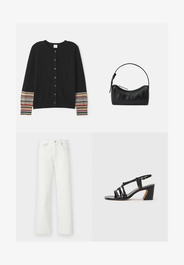 Mustat neulejakku, jossa on napit edessä ja erivärisiä raidallisia yksityiskohtia hihoissa. Valmistettu pehmeästä, teksturoidusta kankaasta.; Valkoinen lyhythihainen t-paita, joka on valmistettu pehmeästä puuvillasta. T-paidassa on pyöreä kaula-auko ja rento istuvuus. Ei kuvioita tai koristeita.; Valkoiset farkut, joissa on suora lahje, viisi taskua ja metalliset yksityiskohdat vyötäröllä ja taskuissa.; Paul Smith AMIRA - Avokkaat - black; Musta nahkainen olkalaukku, jossa on kaareva muotoilu, vetoketjusulku ja ohut hihna. Siinä on sileä pinta ja hienovaraiset ompeluyksityiskohdat.