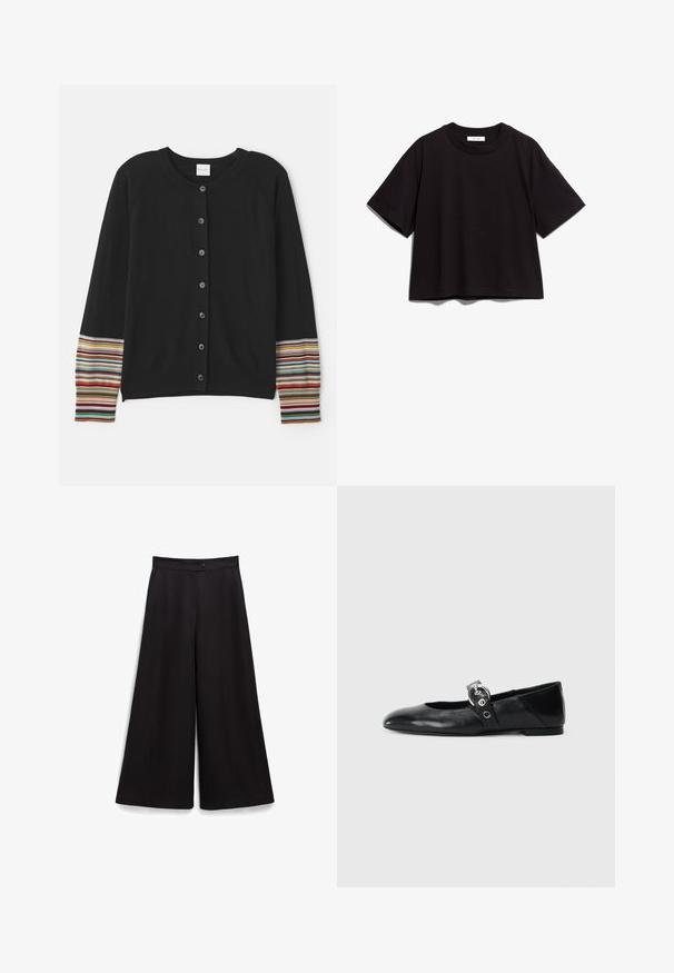 Cardigan nero con bottoni sul davanti, caratterizzato da accenti a righe di vari colori sulle maniche. Realizzato in tessuto morbido e testurizzato.; T-shirt in cotone nero con scollatura rotonda e maniche corte. Caratterizzato da una vestibilità ampia e un design semplice e privo di ornamentazioni.; Pantaloni neri a gamba larga caratterizzati da una texture liscia, una chiusura con bottone in vita e una vestibilità comoda. Nessun motivo o dettaglio visibile.; Ballerine in pelle nera con punta appuntita, dotate di una fascia con una fibbia metallica circolare e suola piatta.