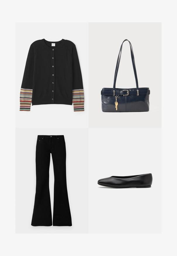 Crna kardigan s dugmadi sprijeda, s prugastim naglascima u raznim bojama na rukavima. Izrađen od mekog, teksturiranog materijala.; Crna majica kratkih rukava od pamuka, s okruglim izrezom i malim logom na lijevoj strani prsa. Glatka tekstura i ležeran kroj.; Crne trapezaste traperice izrađene od denima, s klasičnim dizajnom od pet džepova, kopčanjem na gumb i suptilnim šavovima uz rubove.; Paul Smith TOPANGA - Balerinke - black; Morska kožna torbica s dva duga ramena, detaljem kopče i privjeskom za ključeve. Ima glatku teksturu i pravokutni oblik.
