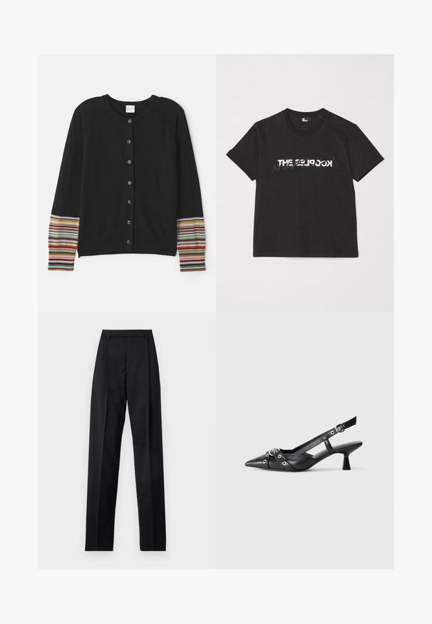 Cardigan negro con botones en la parte delantera, que presenta acentos a rayas en varios colores en las mangas. Fabricado con un tejido suave y texturizado.; Camiseta de algodón negra de manga corta, con un diseño impreso en blanco y gris que dice "THE 2LOOK" en el frente. Cuello redondo clásico.; Pantalones negros de tela suave con cintura alta, piernas amplias, pliegues frontales y lazos de cinturón clásicos. No hay bolsillos laterales visibles.; Zapato de slingback negro de piel con punta afilada, correas decorativas con ojales de metal y un tacón bajo y ancho. Superficie texturizada.