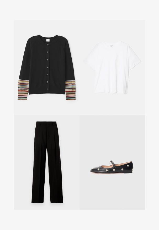 Cardigan nero con bottoni sul davanti, caratterizzato da accenti a righe di vari colori sulle maniche. Realizzato in tessuto morbido e testurizzato.; T-shirt bianco in cotone con maniche corte, scollo rotondo, vestibilità comoda e orlo cucito. Etichetta visibile all'interno del colletto.; Pantaloni neri a gamba larga realizzati in tessuto morbido, con vita alta, pieghe frontali e un design pulito e sartoriale senza decorazioni.; Scarpa flat nera in pelle tipo Mary Jane con punta arrotondata, caratterizzata da borchie circolari argentate e una fascia regolabile con fibbia.