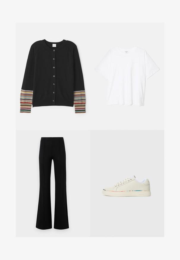 Schwarze Strickjacke mit Knöpfen vorne, die an den Ärmeln gestreifte Akzente in verschiedenen Farben aufweist. Hergestellt aus weichem, strukturiertem Stoff.; Weißes Baumwoll-T-Shirt mit kurzen Ärmeln, runder Halslinie, lockerer Passform und genähtem Saum. Etikett sichtbar am inneren Kragen.; Schwarze Schlaghose mit hoher Taille, aus dehnbarem Material. Mit vertikalen Nahtdetails auf der Vorderseite und einer glatten Textur.; Cremefarbene Low-Top-Sneaker mit Schnürdesign, weißem Innenfutter und subtilen mehrfarbigen Akzenten entlang der Sohlenkante, Seitenansicht.