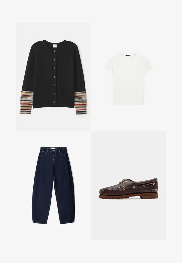 Zwarte cardigan met knopen aan de voorkant, voorzien van gestreepte accenten in verschillende kleuren op de mouwen. Gemaakt van zachte, gestructureerde stof.; Effen witte T-shirt met korte mouwen en een ronde hals, met een slim fit, vlak weergegeven tegen een witte achtergrond.; Donkerblauwe denim broek met een losse fit, voorzien van vijf zakken, contrasterende stiksels en een ritsluiting aan de voorkant.; Bruine leren bootsschoen met gouden oogjes, ronde veters en een gestructureerde bruine rubberen zool. Kenmerkt zich door gestikte details en een verhoogd logo.