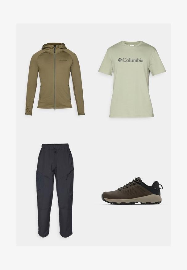 Giacca con cappuccio verde oliva realizzata in tessuto morbido ed elastico, con zip frontale completa e logo discreto sul petto. Presenta un design slanciato.; T-shirt in cotone verde chiaro con colletto rotondo, maniche corte, e logo "Columbia" grigio scuro sulla parte frontale. Tessuto morbido.; Pantaloni cargo neri realizzati in un materiale leggero e resistente all'acqua; presentano una vita elastica, diverse tasche con zip e gambe affusolate.; Sneakers impermeabili marroni con tomaia testurizzata, dettagli perforati, supporto al tallone nero e suola in gomma grigia. I lacci sono decorati con estremità metalliche.