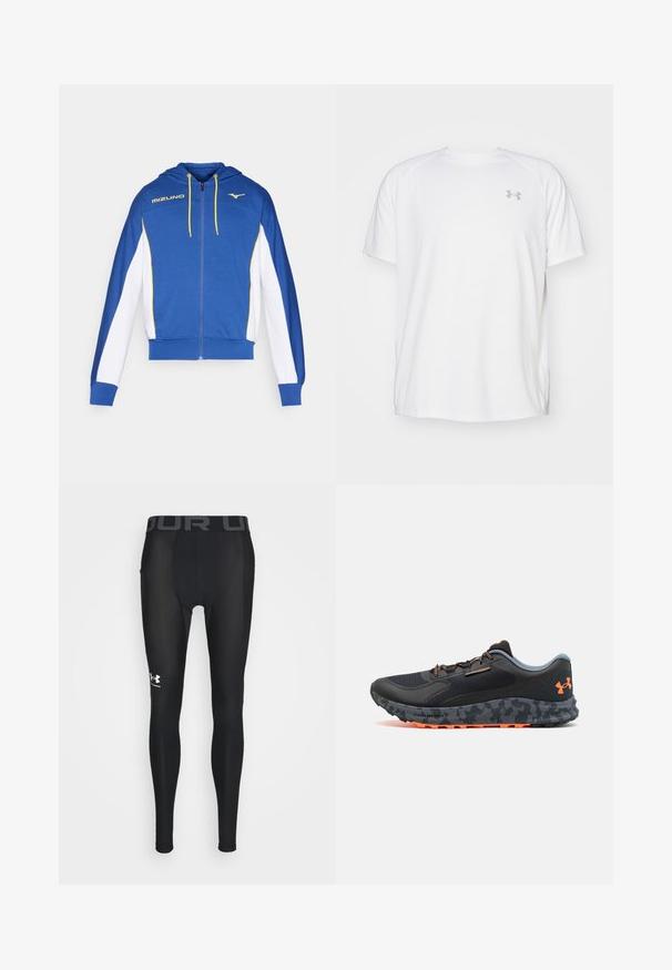 Blue zip-up hoodie with white sleeves, yellow accents, and a hood. Features a Mizuno logo on the chest and contrasting zipper detailing.; White short-sleeve athletic shirt made of smooth fabric. Features a crew neck and gray logo on the left chest, with side slits at the hem.; Black compression leggings made of smooth, flexible material featuring a wide elastic waistband with "UNDER ARMOUR" logo in gray and stylized logo on the lower leg.; Black athletic shoe with a textured upper, gray accents, orange detailing, camo-patterned sole, and lacing system for secure fit.