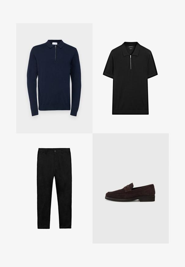 Tmavě modrý pulovr s dlouhými rukávy, zahnoutelným límcem a čtvrtzipovým zapínáním. Vyrobeno z měkkého úpletu s hladkým povrchem.; Černé polo tričko s krátkým rukávem, stojatým límečkem a předním zipem. Vyrobeno z hladké tkaniny s čistým, minimalistickým designem.; Černé rovné kalhoty s knoflíkovým zapínáním, poutky na opasek a bočními kapsami, rozložené na bílé ploše.; Hnědé semišové mokasíny s nízkým profilem a kulatou špičkou. Mají dekorativní pásek přes horní část, plochou gumovou podrážku a žádné viditelné švy.