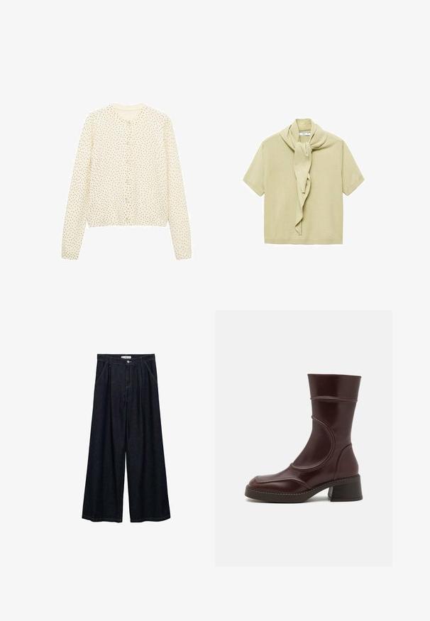 Cardigan crema con maniche lunghe, scollatura rotonda e pois neri. Presenta chiusura frontale con bottoni e orlo a coste. Tessuto morbido.; Maglietta a maniche corte in maglia beige chiaro con dettaglio di sciarpa attaccato che si adagia attorno al collo.; Pantaloni larghi in denim scuro con vita alta, dotati di chiusura frontale con bottone, due tasche laterali e dettagli di cucitura.; MIISTA MALENE - Stivaletti - brown