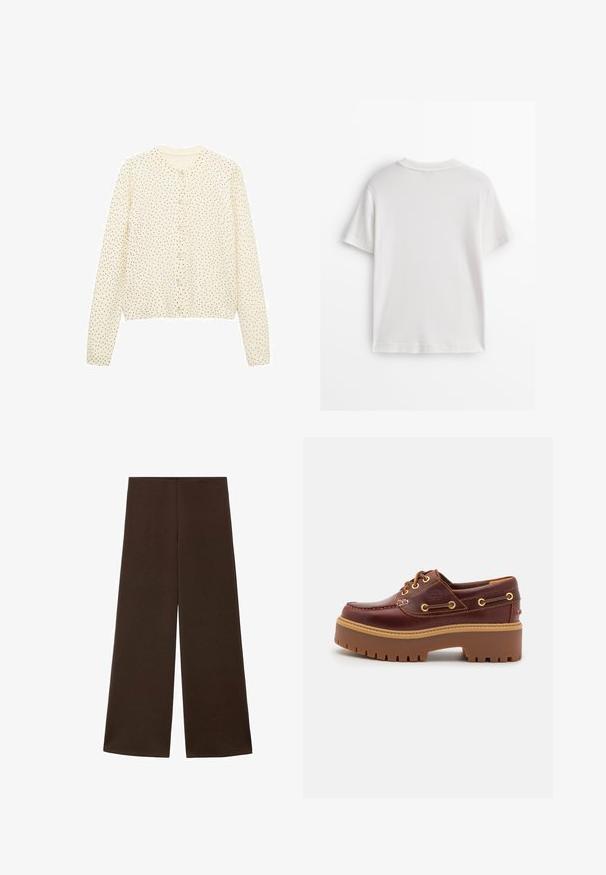 Cremefarvet cardigan med lange ærmer, rund halsudskæring og sorte prikker. Har knaplukning foran og ribbet kant. Blød stofstruktur.; Hvid bomuld t-shirt med korte ærmer, rund hals og en glat tekstur. Bagsiden er ensfarvet uden ekstra mønstre eller designs.; Bredde bukser lavet af et glat, mørkebrunt stof. Har en høj talje og et minimalistisk design uden udsmykninger.; Brune læder bådsko med en kraftig brun gummisål, gyldne snørehuller og kontraststing. Har et logo på siden.