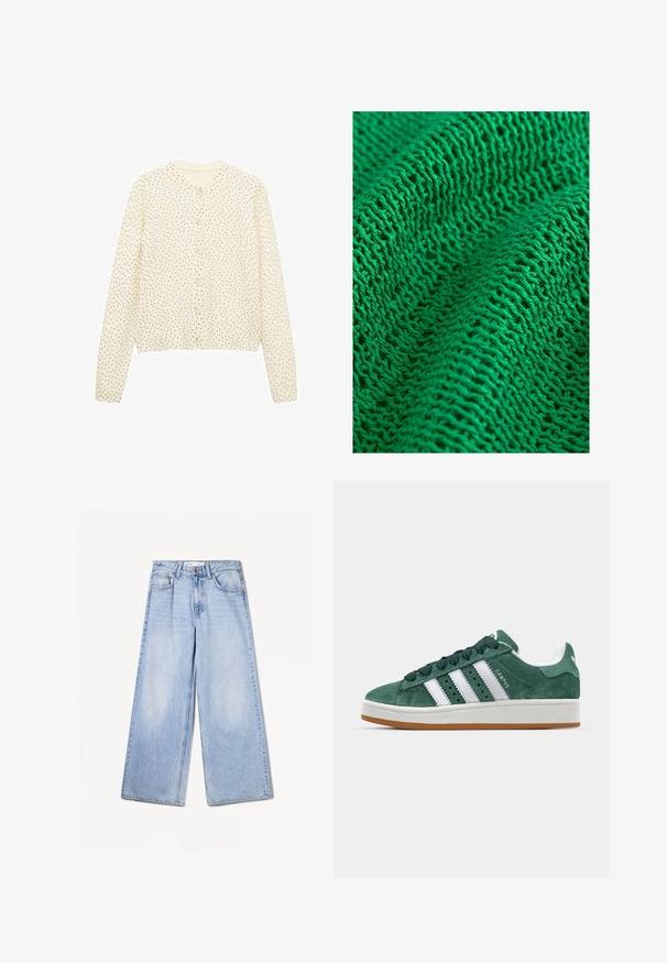 Cardigan crema con maniche lunghe, scollatura rotonda e pois neri. Presenta chiusura frontale con bottoni e orlo a coste. Tessuto morbido.; Tessuto lavorato a maglia verde con un motivo testurizzato caratterizzato da un intreccio sciolto e aperto, che mostra filati fini e numerosi punti visibili.; Bershka WIDE-LEG - Wide Leg - light-blue denim; Sneaker in suede verde con strisce in pelle bianca, suola in gomma, collarino imbottito e design minimalista. Presenta il marchio sul lato.