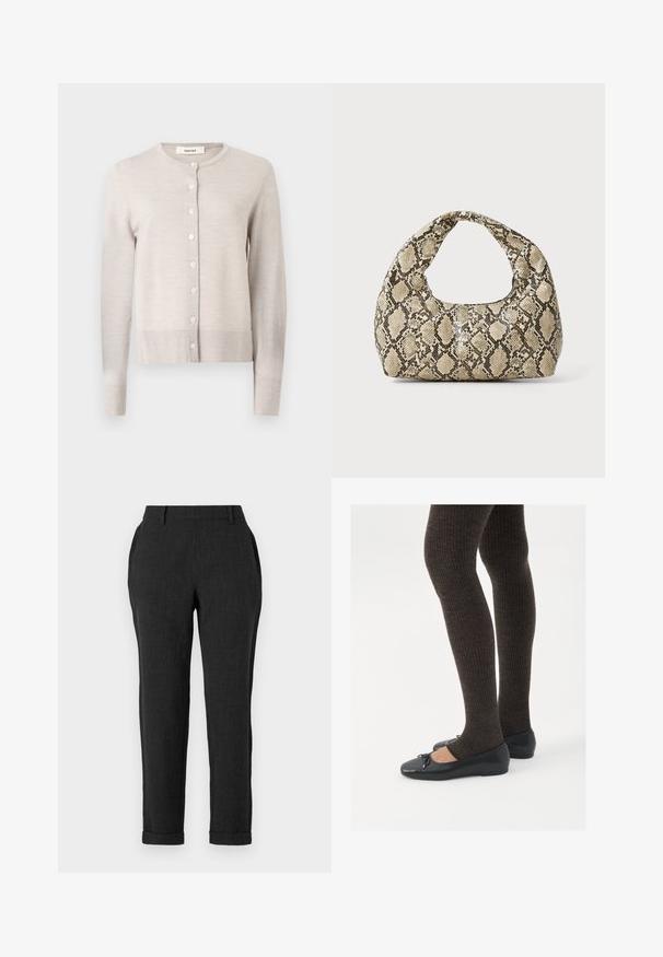 Kergelt beež, pika varrukaga kudumiskardigan, ümmarguse kaelusega ja seitsme esipoola nupuga, soonikkoes randmed ja allserva, sildiga "Selected".; Musternäidud, varrukateta peplum-top, millel on struktureeritud disain. Omab tekstuurset kangast ja laienevat hemmi, pakkudes vormitud ilmet.; Tumed hallid kohandatud püksid kitsenevate jalgadega, vöökohad ja küljetaskud. Kanga pinnal on peen tekstuur. Voltidega säärte otsad.; Mustad mustad kingad väikese teksaga varvaste juures, koos tumedate pruunide ribakangastega. Kingadel on sile tekstuur ja madal profiil.; Musta käärmeprindiga kott kõveraga käepidemega. Valmistatud tekstiilsetest, beežidest ja pruunidest materjalidest, millel on iseloomulik rombikujuline muster.