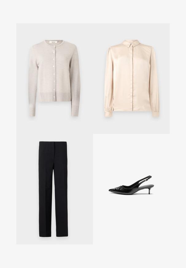 Lys beige, langermet strikket cardigan med rund hals og syv frontknapper, ribbestrikkede mansjetter og kant, merket "Selected."; Beige sateng langermet skjorte med skjortekrage, frontplacket og rynkede pufferm ved mansjettene. Glatt, glansfull tekstur.; Svart skreddersydde bukser med rett snitt, med en glatt tekstur og uten synlige mønstre. Standard livlinje og en ren finish.; Sorte skinnert remsandaler med spiss tå, liten kittenhæl og en dekorativ knute detalj foran. Glatt tekstur gjennom hele.