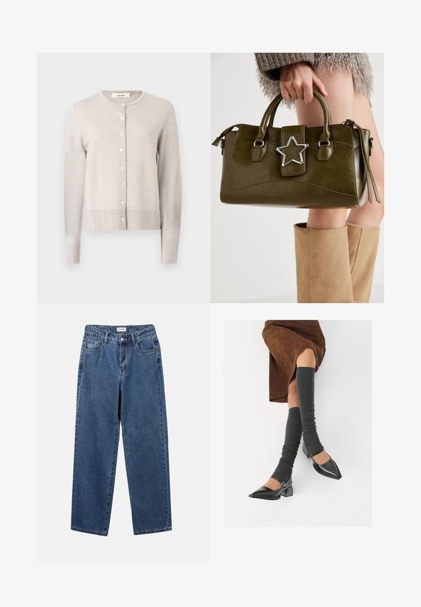 Kergelt beež, pika varrukaga kudumiskardigan, ümmarguse kaelusega ja seitsme esipoola nupuga, soonikkoes randmed ja allserva, sildiga "Selected".; Hall hallist puuvillast T-särk, millel on klassikaline ümarsärk, lühikesed varrukad ja sile tekstuur, sobib vabaajaks.; Klassikalised sinised denimists teksad otsejalaga disainiga, viie taskuga ja nööbisuletusega. Omab keskmist pesu ja tugevat tekstuuri.; Mustad patsaline odav värviga kingad, millel on kreen ja pahkluuring, on paaritatud hallide ribakudumitega sääremiidega ja pruunist nahast seelikuga.; Oliivroheline kunstnahast käekott koos hõbedase tähe aktsendiga, kahe käepideme ja luku sulgemisega. Tekstuuriga pind ja struktureeritud kuju.