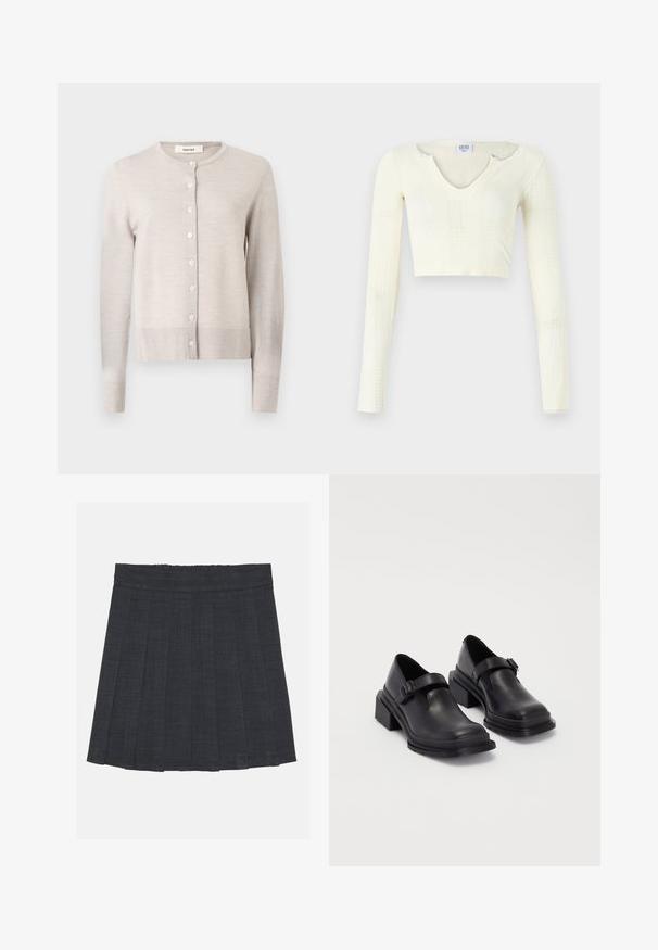 Šviesiai smėlio spalvos, ilgas megztinis kardiganas su apvaliu iškirpimu ir septyniais priekiniais mygtukais, raukšlėtais rankogaliais ir apačia, žymėtas "Selected."; Balti aukštosios iš off-white mezginio medžiagos. Ilgos rankovės su raukšlėta tekstūra ir mažais išpjovimų detalėmis aplink apykaklę.; Tamsiai pilka klostuota sijonas su elastinga juosta, pasižymintis tekstūruotu audiniu ir klasikinė A formos siluetu. Tinka kasdieniam dėvėjimui.; Juodos odinės bateliai su apvaliu priekiu, plokščiu padu ir dirželiu su sagtimi. Didelis blokinis kulnas, užtikrinantis papildomą stabilumą.