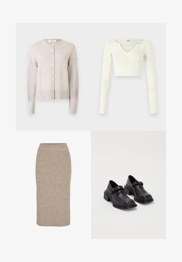 Kergelt beež, pika varrukaga kudumiskardigan, ümmarguse kaelusega ja seitsme esipoola nupuga, soonikkoes randmed ja allserva, sildiga "Selected".; Kreemjas trikotaažist lühike topp. Pikad varrukad, millel on ribakujuline tekstiil ja väikesed lõikeavad kaeluse ümber.; Kootud pliiatsiseelik heledas beežis, ebatavalise kude tekstuuriga, kõrge vöökoht ja kitsas figuur. Hem jõuab põlvest allapoole.; Mustad mustad jalanõud ümmarguse varbaga, tasase tallaga ja kinnitusega rihmaga, millel on pandla detail. Suure plokknina, mis tagab lisastabiilsuse.