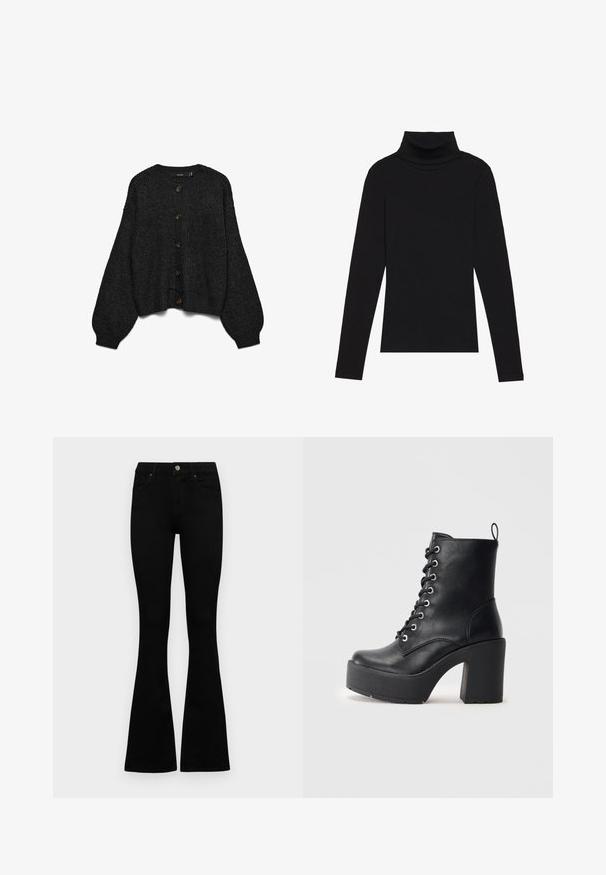 Schwarze Strickjacke mit langen, gepufften Ärmeln und durchgehender Knopfleiste. Verfügt über sechs braune Knöpfe und einen gerippten Saum. Strukturierter Stoff.; Schwarzes langärmeliges Turtleneck-Oberteil aus geripptem Stoff, mit einer taillierten Passform, hohem Kragen und ohne Muster oder Akzente.; Schwarze hochtaillierte Jeans mit einem Knopf- und Reißverschluss, Fronttaschen und ausgestellten Beinen, flach auf einem weißen Hintergrund ausgelegt.; Schwarze Leder-Ankle-Boots mit klobigem Blockabsatz, Schnürung vorne und strukturierter Oberfläche. Mit einer Lasche auf der Rückseite für einfaches Anziehen.