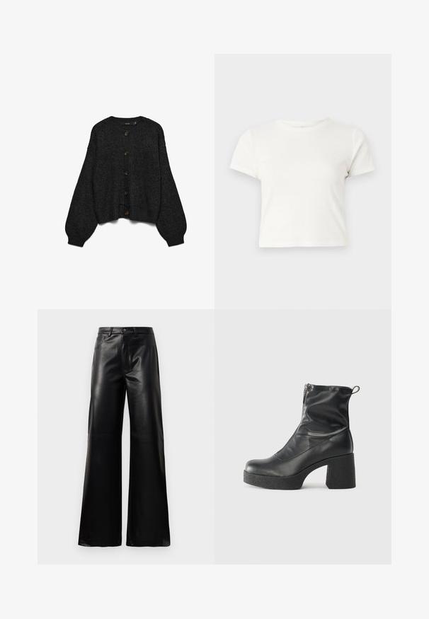 Cardigan negru tricotat cu mâneci lungi bufante și nasturi în față. Are șase nasturi maro și tiv striat. Material texturat.; Tricou scurt, alb, din bumbac, cu mâneci scurte, decolteu rotund și margine dreaptă, având o textură netedă și un design minim.; Pantaloni negri cu talie înaltă, largi, din piele sintetică, cu nasture frontal, închidere cu fermoar, bucle pentru centură și buzunare laterale pe fundal alb.; Bocanci negri de glezna din piele netedă, cu fermoar lateral, toc texturat și masiv, și design cu vârf rotund.