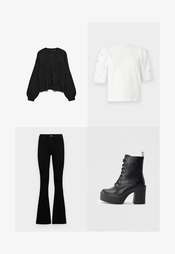 Black knit cardigan with long, puffed sleeves and a button-down front. Features six brown buttons and a ribbed hem. Textured fabric.; White cotton t-shirt with short puff sleeves, featuring small silver embellishments along the sleeves. Classic round neckline, relaxed fit.; Black high-waist jeans with a button and zip closure, front pockets, and flared legs laid flat on a white background.; Black leather ankle boot with a chunky block heel, lace-up front, and textured surface. Features a tab on the back for easy wear.