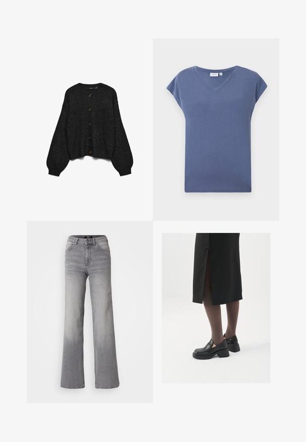 Črni pleteni kardigan z dolgimi napihnjenimi rokavi in sprednjim zapiranjem na gumbe. Ima šest rjavih gumbov in rebrast rob. Tkanina z teksturo.; T-maica s kratkimi rokavi in V-izrezom v nevsiljivi modri barvi, izdelana iz mehkega bombažnega materiala z gladko teksturo in sproščenim krojem.; Visoko pasu naravnost krojene sivo denim hlače z gumbom in zadrgo spredaj, sprednjimi in zadnjimi žepe ter zbledelim odtenkom na stegen in tele. ; Črne usnjene čevlje s zaobljenim prstom, debelim blokastim petama in elastičnimi stranskimi detajli, v kombinaciji s temno nogavicami in črno krilo z razporkom.