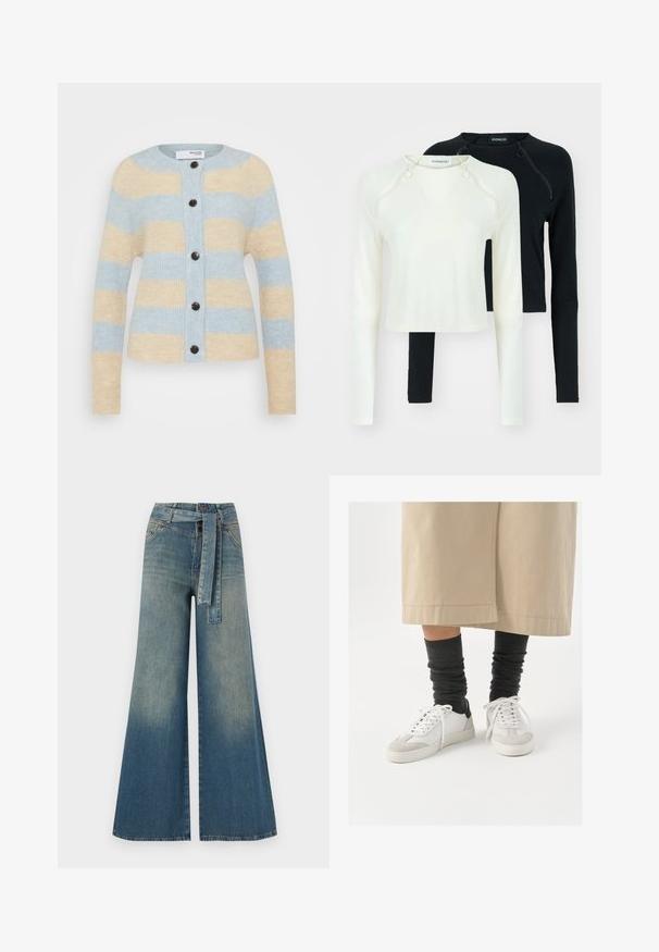 Selected Femme SLFLULU CARDIGAN - Kardigan - birch/blue; Kaks pikka varrukatoppi, üks valge ja teine must. Mõlemal on ümmargune kaelus ja dekoratiivsed lukud õlgadel. Sile kangas.; Laiad denimpüksid, millel on hele tume sinine gradiendiefekt, kõrge vöökoht, vöökumlid ja sobivast kangast vöö. Struktureeritud denimi viimistlus.; Valged ja hallid tennised musta kannaaktsendiga, millel on sile nahkpealis ja tekstuuriga sametine varvas. Kanda tumedate hallide viltuste sokkidega.