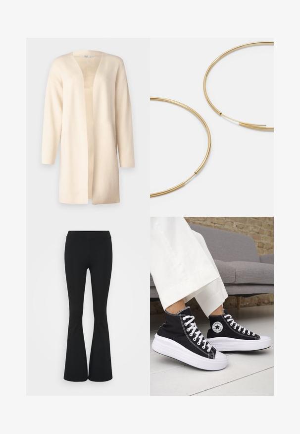ONLY Tall ONLFRIDA LIFE - Vesta na kopčanje - birch; Crni dugi rukav majica od gladke tkanine, s okruglim izrezom i nabranim detaljima na ramenima i manžetama.; Crne trapezaste hlače od rastezljivog materijala, sa visokim pojasom i glatkom teksturom. Hlače se šire od koljena.; Crne tenisice visoke košarke s bijelim gumenim potplatom i vezicama. Imaju okruglu logotipsku zakrpu i kontrastni bijeli šav. Materijal od platna.; Zlatne kružne naušnice, tanke i okrugle, s glatkom metalnom površinom bez ukrasa ili uzoraka.