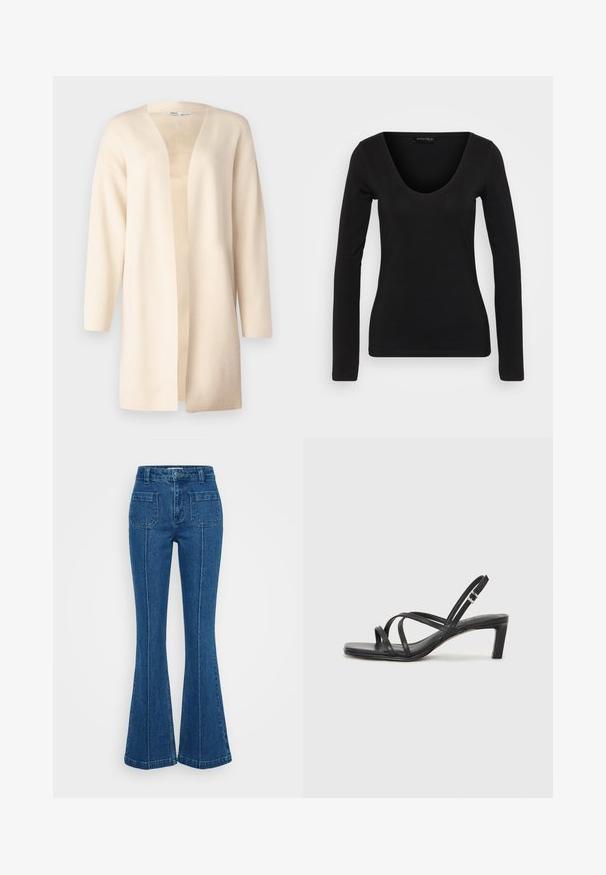 ONLY Tall ONLFRIDA LIFE - Cardigan - birch; Black long-sleeve top made of soft fabric. Features a V-neckline and fitted silhouette, with smooth texture and minimal stitching details.; Blue flared jeans made of denim, featuring a high waist, two back pockets, and pronounced stitching along the side seams.; Black strappy sandal with a square toe and a low block heel. Features multiple thin straps and an adjustable ankle strap. Made of smooth leather.
