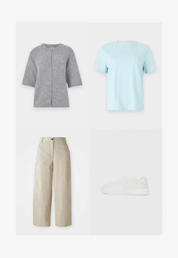 Grijze gebreide cardigan met korte mouwen, ronde hals en knopenfront. Heeft een gestructureerde stof en een ontspannen pasvorm.; Lichtblauwe katoenen t-shirt met korte mouwen, een ronde hals en een subtiele geborduurde 'Calvin Klein' logo op de voorkant.; Beige hoge taille wijde pijpen broek met knoop- en ritssluiting, riemlussen en zijzakken, weergegeven op een witte achtergrond.; Witte lage sneakers met een platte zool, glad bovenwerk van synthetisch materiaal, ronde neus en ton-sur-ton stiksels. Voorzien van vetersluiting en zijbranding.