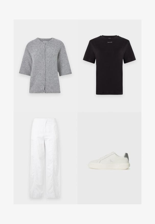 Halli kootud kardigan lühikeste varrukatega, ümara kaelusega ja nööpide esiosaga. Omab tekstureeritud kangast ja lõdva sobivuse disaini.; Must musta t-särk lühikeste käistega, ümberringi kaelusega ja väikese valge "Calvin Klein" logo'ga rinnal. Sile tekstuur, klassikaline lõige.; Valged laiad püksid, mis on valmistatud kergetest materjalidest, omades siledat tekstuuri, puhtaid jooni ja kõrget vöökohta.; Valged nahast tenniseketsad sujuva tekstuuriga, hõbedase aktsendiga kandadel, lame tallaga ja minimalistliku disainiga.