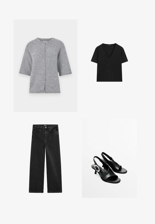 Grå stickad cardigan med korta ärmar, rund halsringning och knappstängning. Har ett texturerat tyg och en avslappnad passform.; Svart kortärmad V-ringad T-shirt med en enkel, figurnära design på en vit bakgrund.; Bredbenta svarta denimjeans med ett subtilt vertikalt randmönster, med femfickorsdesign och en klassisk knäppning i midjan.; Svarta läder slingback-sandaler med öppen tå, låg klack och silverfärgad rund detalj på sidan. Slät textur och enkel design.