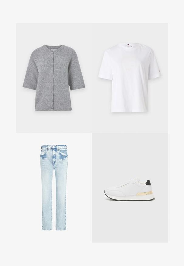 Grå strikket cardigan med korte ermer, rund halsutskjæring og knappefront. Har et teksturert stoff og et avslappet passformdesign.; Hvit bomulls T-skjorte med rund hals, korte ermer og subtilt gult logodesign som leser "HILFIGER NEW YORK 1985." Standard passform.; Lys blå denim jeans med rett ben-design, fem lommer og en falmet tekstur. Har synlig søm og en klassisk knappelukking.; Hvit sneaker med glatt finish, med svart hælaccent og en gullmetallisk detalj på mellomsålen. Snøring, gummisåle.