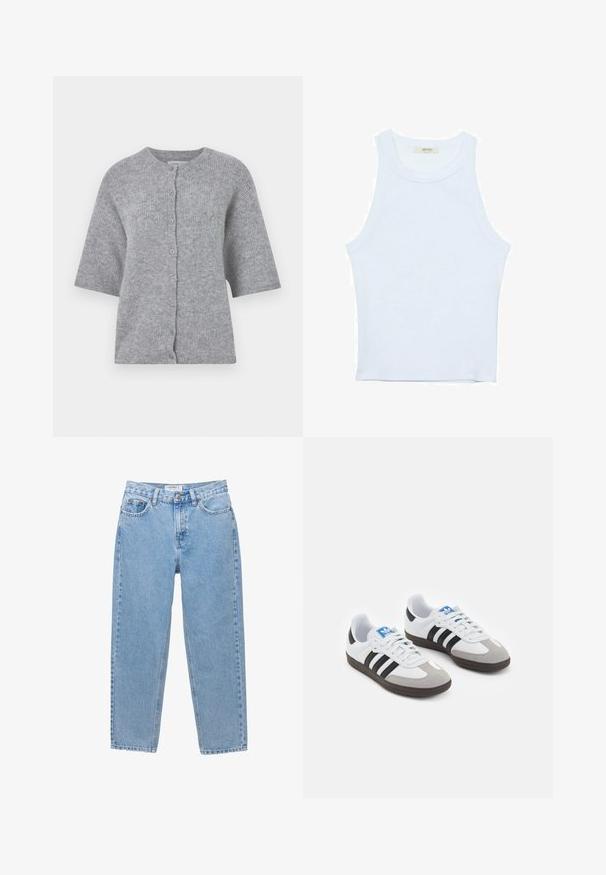 Šedý pletený kardigán s krátkymi rukávmi, okrúhlym výstrihom a zapínaním na gombíky. Má textúrovanú tkaninu a voľný strih.; Biele tielko, rebrový textúra, okrúhly výstrih, bezrukávový dizajn, priliehavý strih, diskrétne logo na štítku vo vnútri oblasti goliera.; Svetlo modré denimové džínsy so strihaťou rovného nohavice, piatimi vreckami a zapínaním na gombík. Majú jemné vyblednutie a klasický vzhľad.; Športové topánky s bielym koženým zvrškom, šedou semišovou špičkou a tromi čiernymi pruhmi. Obsahujú modré logo na jazyku a štruktúrovanú gumovú podrážku.