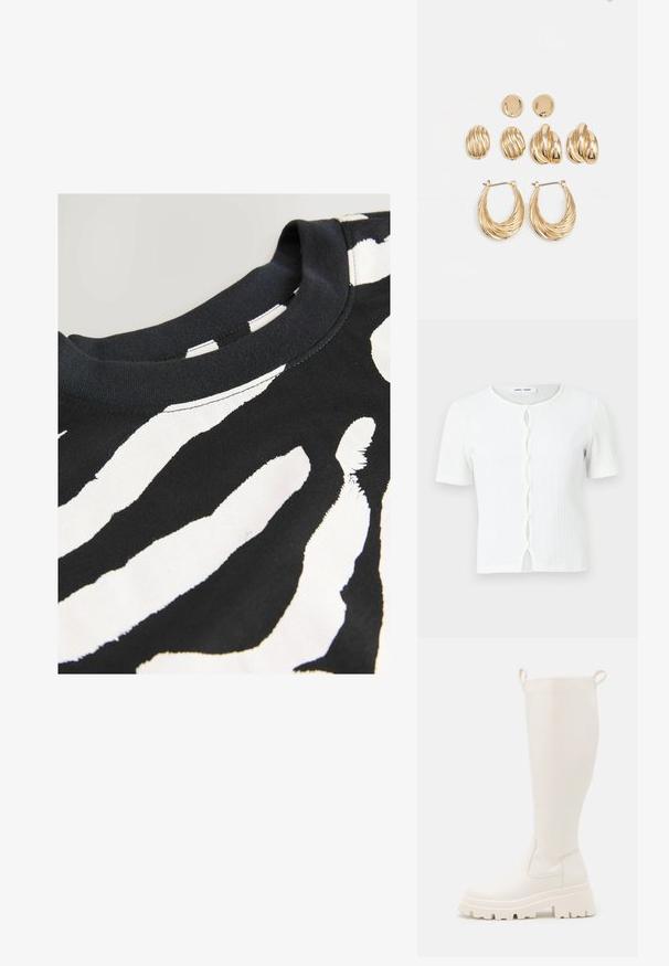 Hvid ribbet kortærmet top med rund halsudskæring og en knaplukning fortil med en bølget detalje. Glat tekstur, afslappet pasform.; Sort t-shirt med et iøjnefaldende hvidt zebra-stribemønster, rund halsudskæring, korte ærmer og en blød bomuldsstofstruktur.; Knælange hvide gummistøvler med en solid sål og elastiske paneler på siden. Har træksløjfer øverst for nemmere påklædning. Glat overflade.; Guldtonede øreringe sæt med tre par: teksturerede ovale studs, bølgende designs studs og store hoop øreringe med lagdelte rifler.
